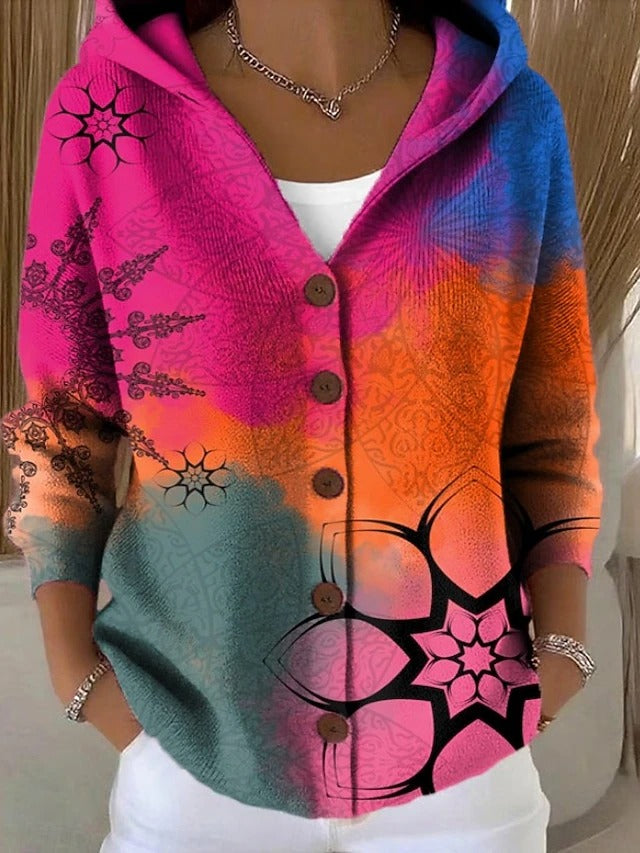 Chaqueta Larga de Punto Estampada con Capucha