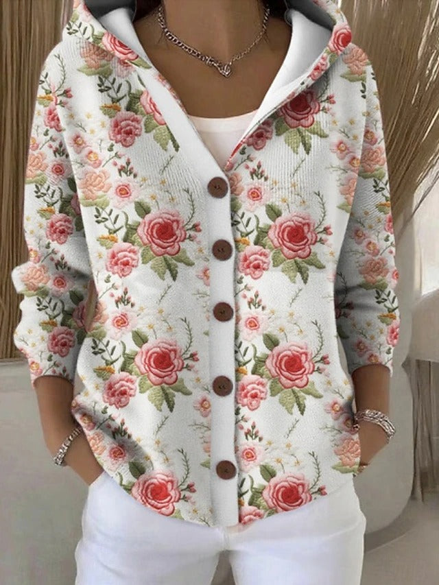 Chaqueta Larga de Punto Estampada con Capucha
